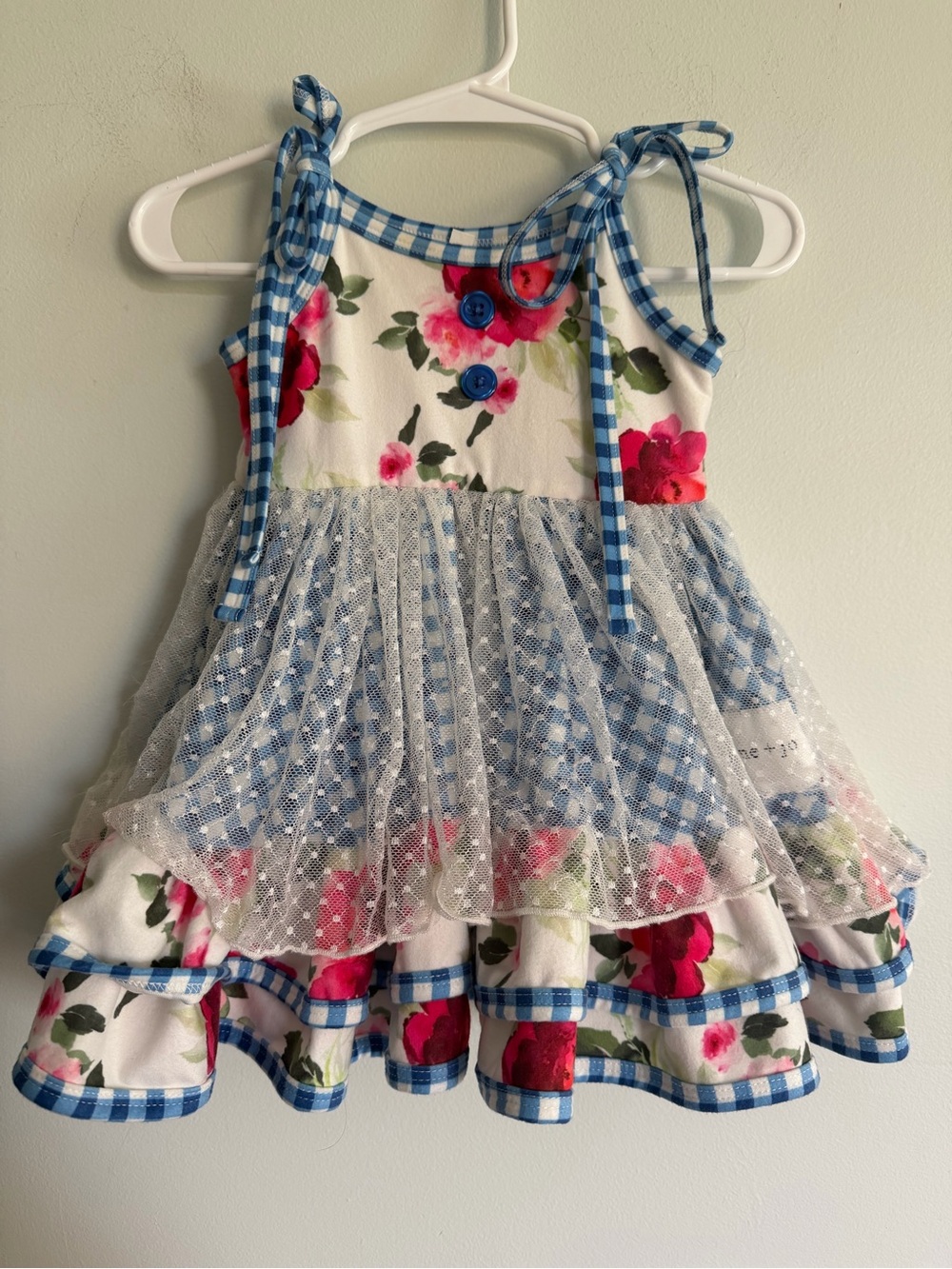 Jane + Jo Girls Blue Gingham & Floral Tie-Shoulder Dress